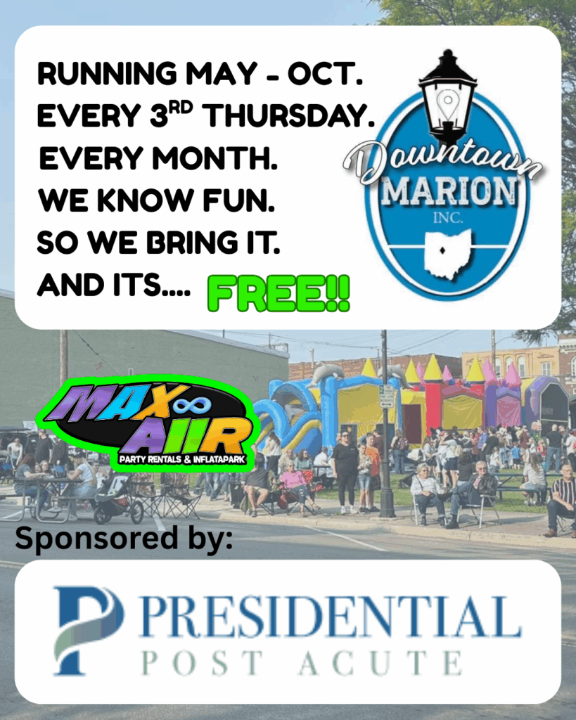 Colorful flyer promoting MaxAiir at 3rd Thursday 2025 in Downtown Marion Ohio, featuring inflatables, family fun, and local event details.
